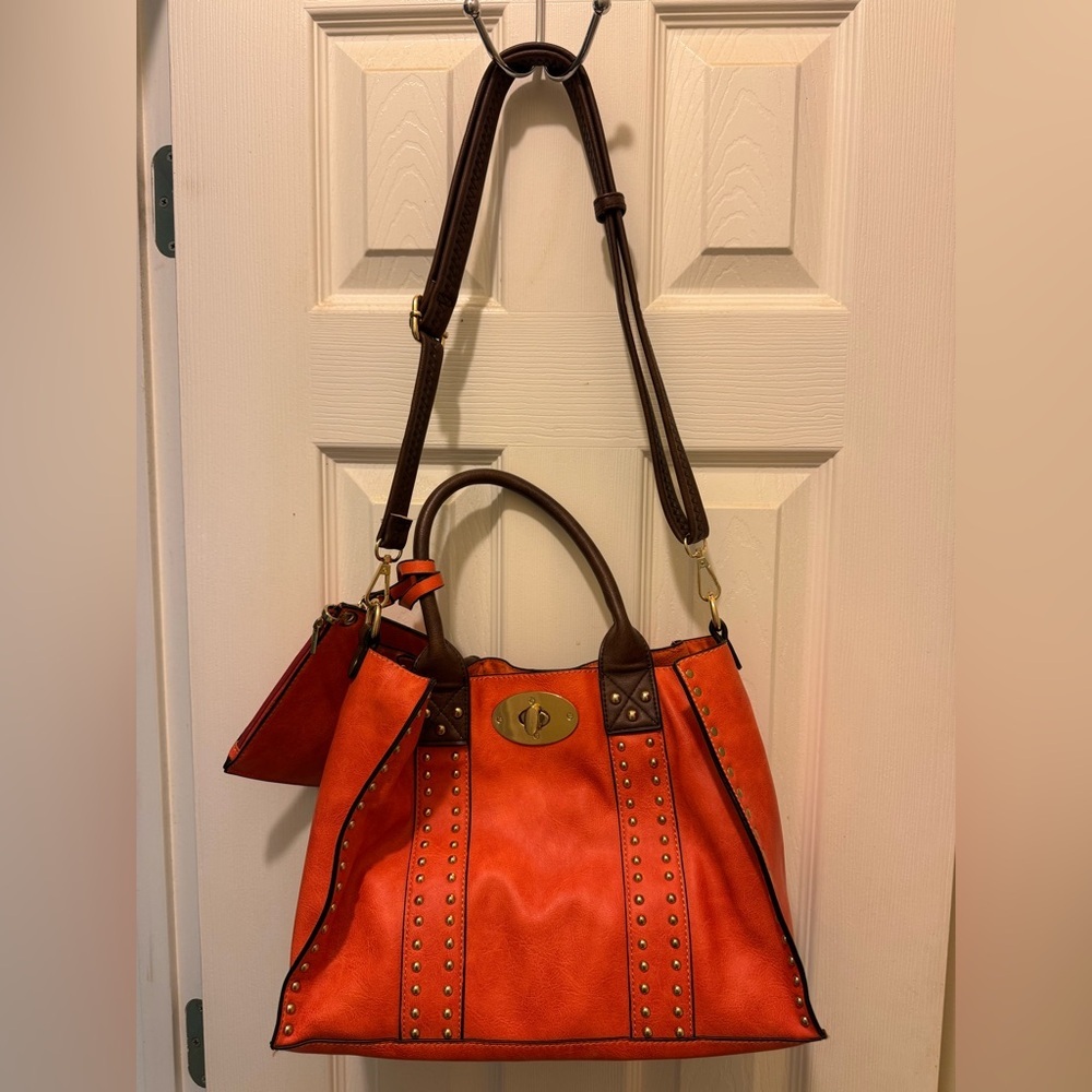 Alyssa Orange and Brown Leather Shoulder Bag‎ with Gold Clasp